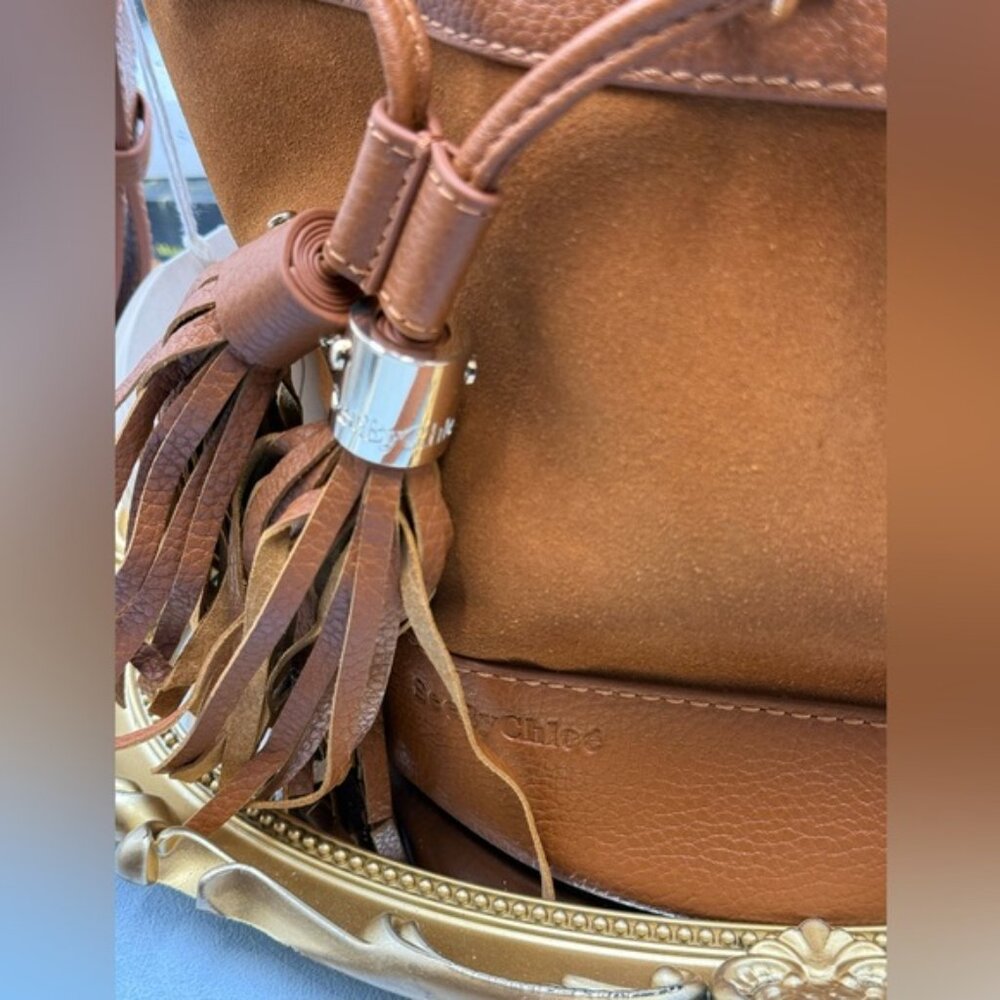 🆕 SEE BY CHLOE 🧿 NWT Vicki Bucket Bag, Caramello Leather & Suede - Picture 13 of 16